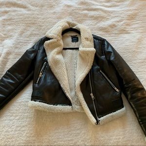 Bershka Black and Cream Fur Trimmed Shearling Biker Jacket Faux Leather Medium
